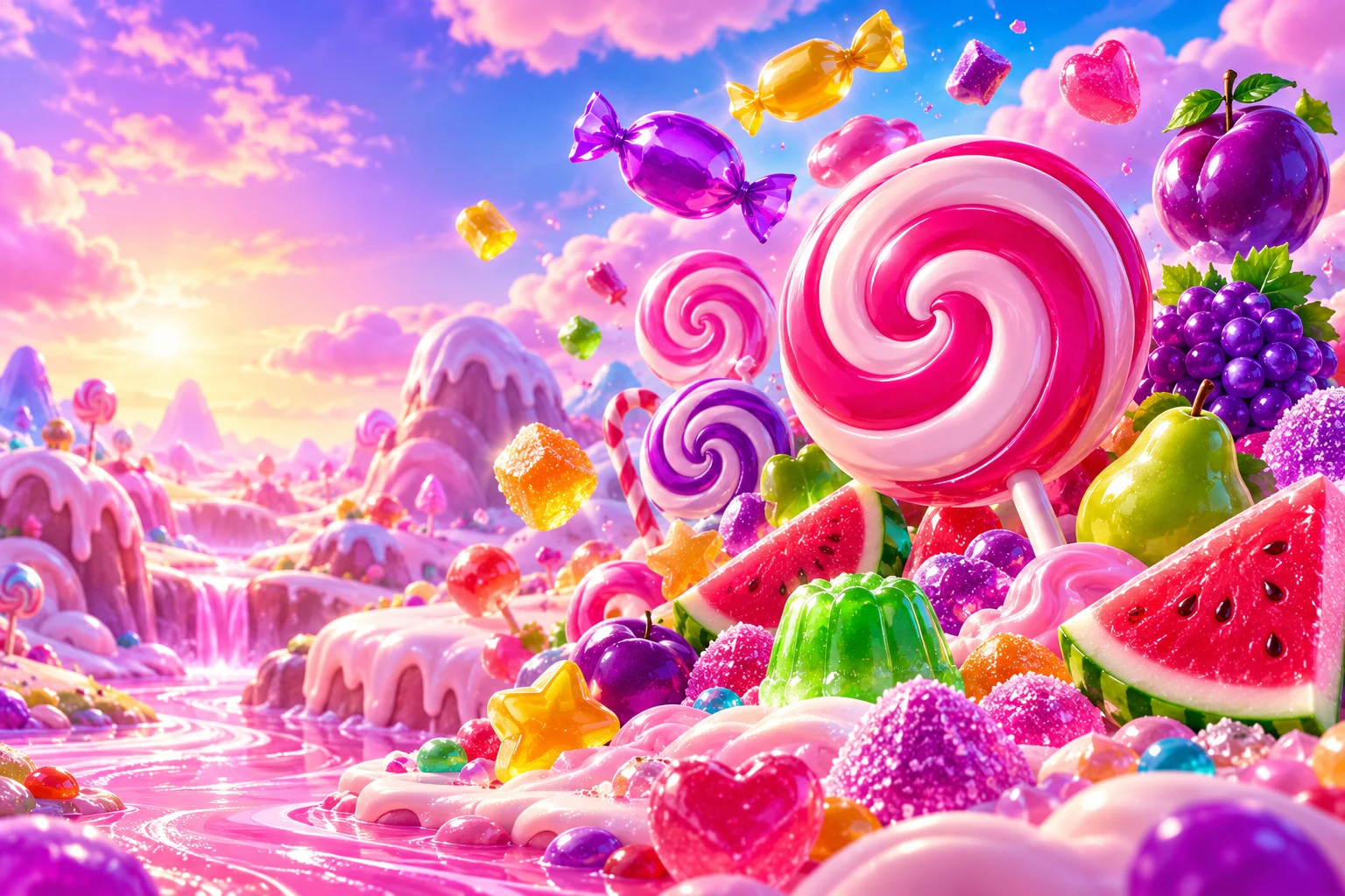 Original illustration of colourful sweets, lollipops and fruit in a candy landscape