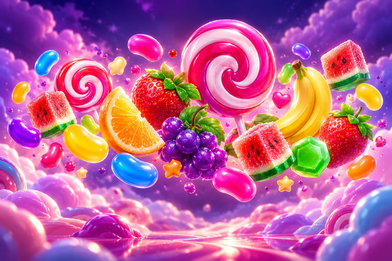 Editorial still life of fruit, candies and a rainbow lollipop